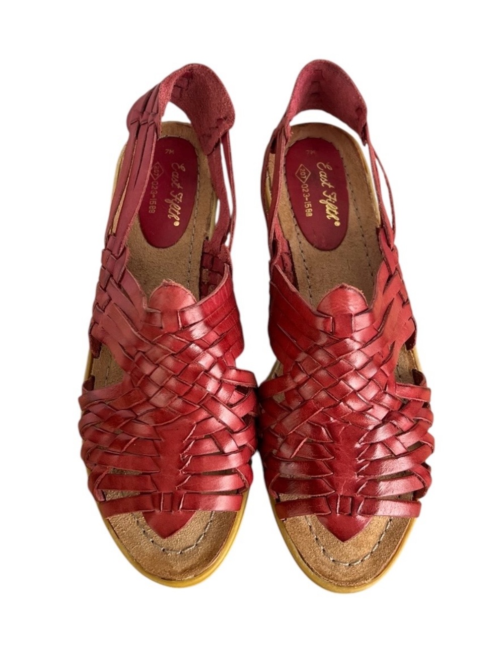 Vintage 80s East Fifth Red Leather Woven Huarache Sandals Flat Brazil Size 7